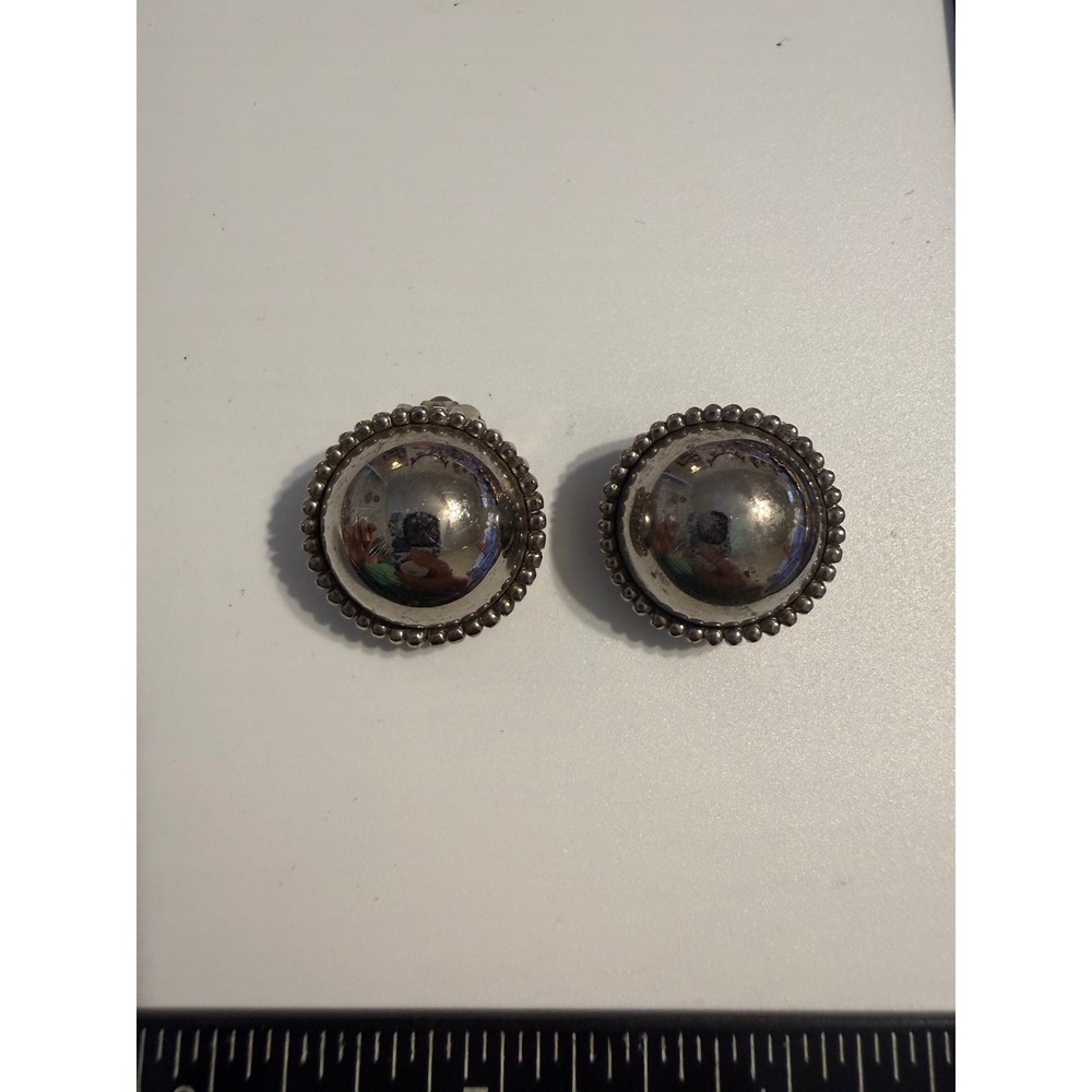 Vintage Silver Tone Domed‎ Clip On Earrings Beaded Border Mid Century Modern 1"